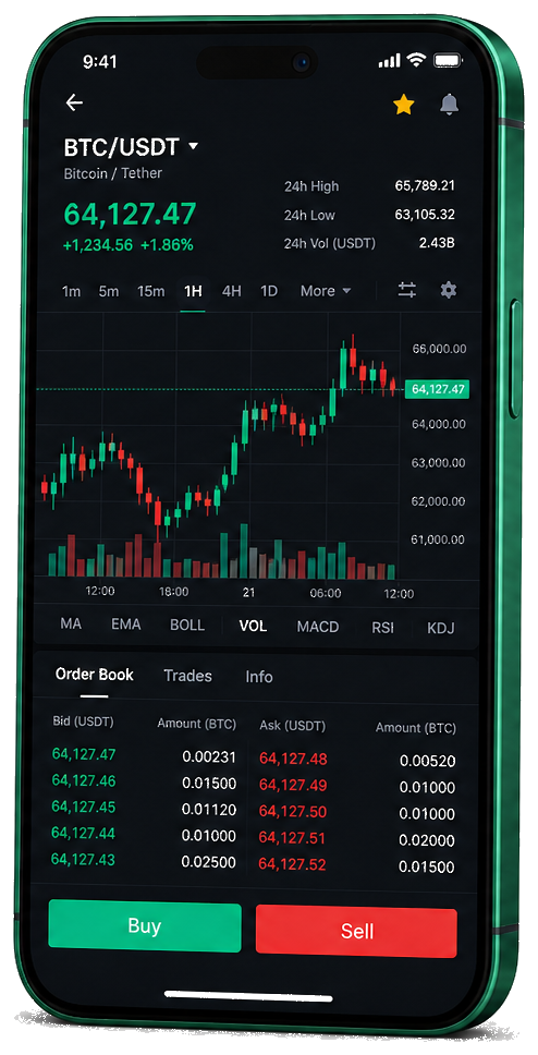 Aeternia Patrimoine plateforme de trading sur mobile — graphique BTC/USDT en direct, carnet d'ordres et interface d'achat/vente